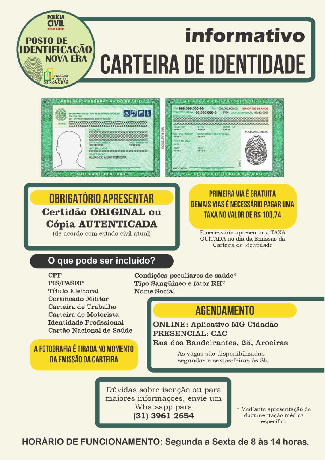 Câmara Municipal de Nova Serrana - Etapas para emissão do documento de  identidade