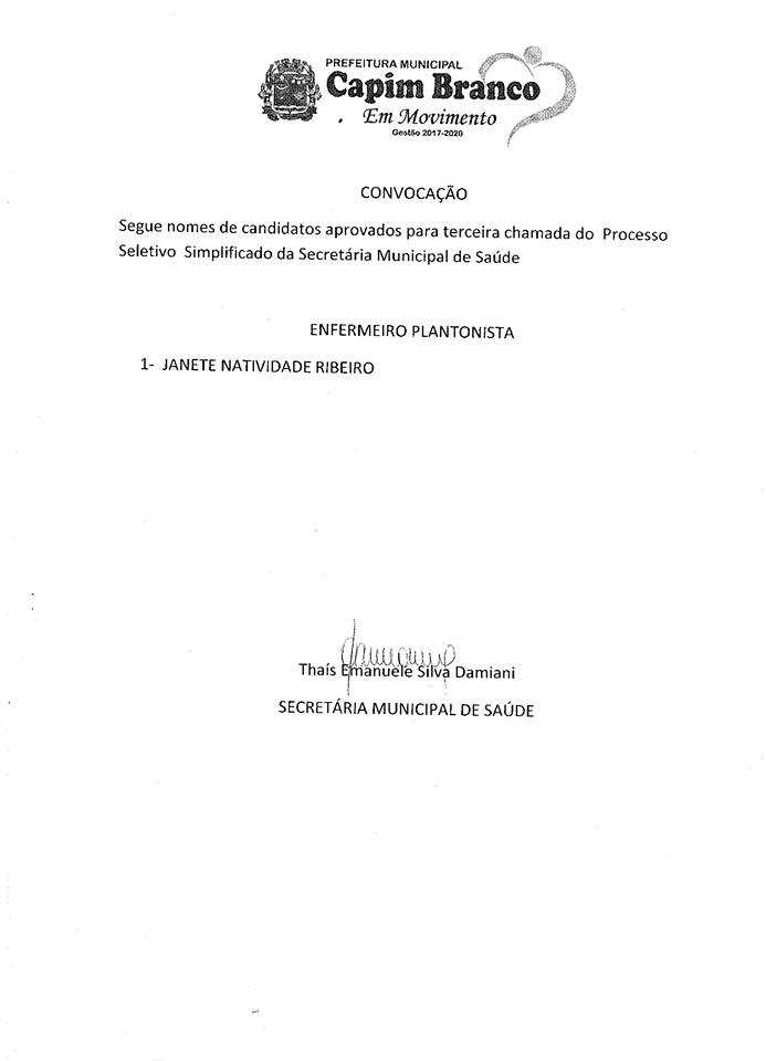 Prefeitura Municipal de Capim Branco - Secretaria Municipal de Saúde:  Candidatos aprovados na 2ª chamada