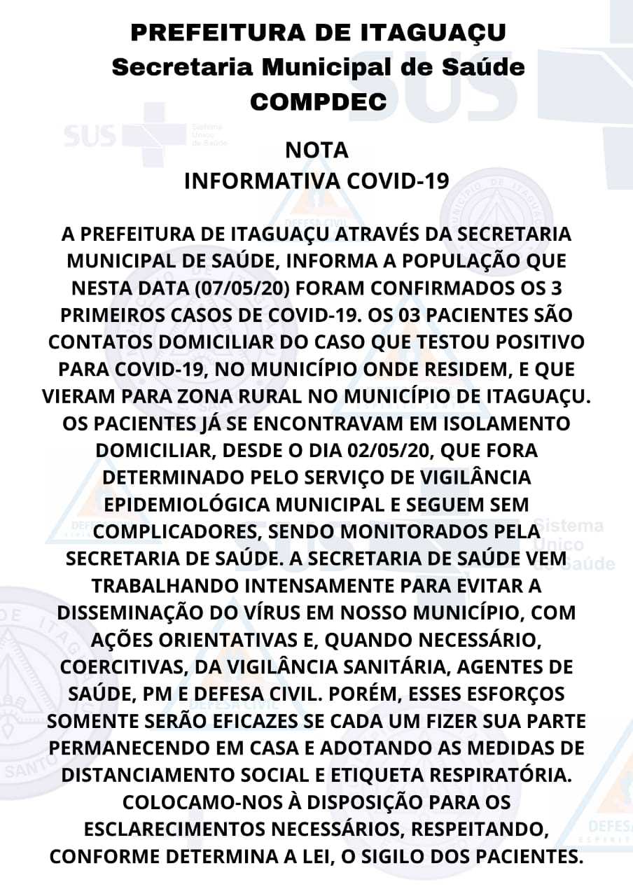 Prefeitura Municipal de Itaguaçu - BOLETIM INFORMATIVO CORONAVÍRUS Nº 178 -  31/10/2020